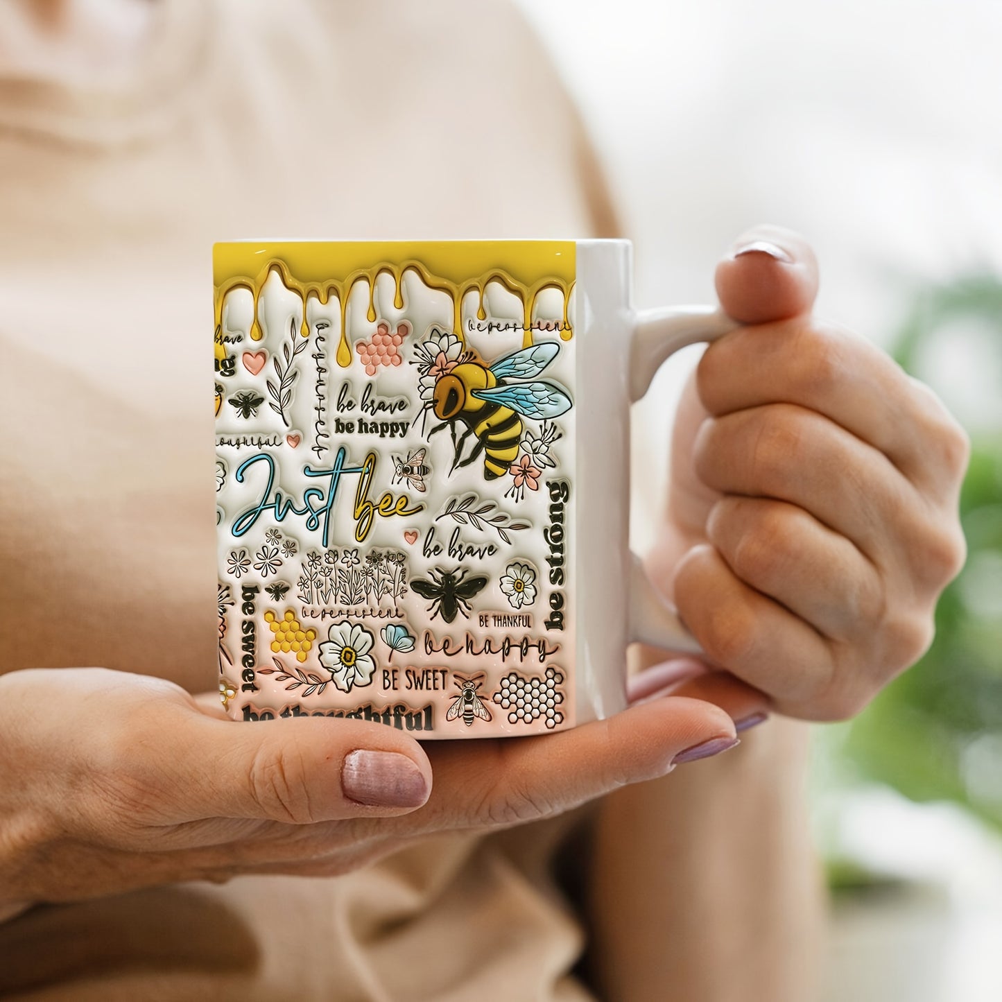 1pc, Bee-utiful Inspirational Quotes Ceramic Coffee Mug - 11oz, Vibrant Color, Durable, Dishwasher & Microwave Safe, Perfect for Summer, Winter, Birthday, Holiday Gifts and Everyday Drinkware