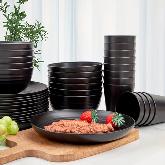 36pcs Black Wheat Straw Dinnerware Set Of 12, Plates And Bowls Set, Plastic Plates Reusable, Halloween Halloween Plastic Plates, Black Dishwasher And Microwave Safe, Unbreakable Dinnerware, Camping Plates.