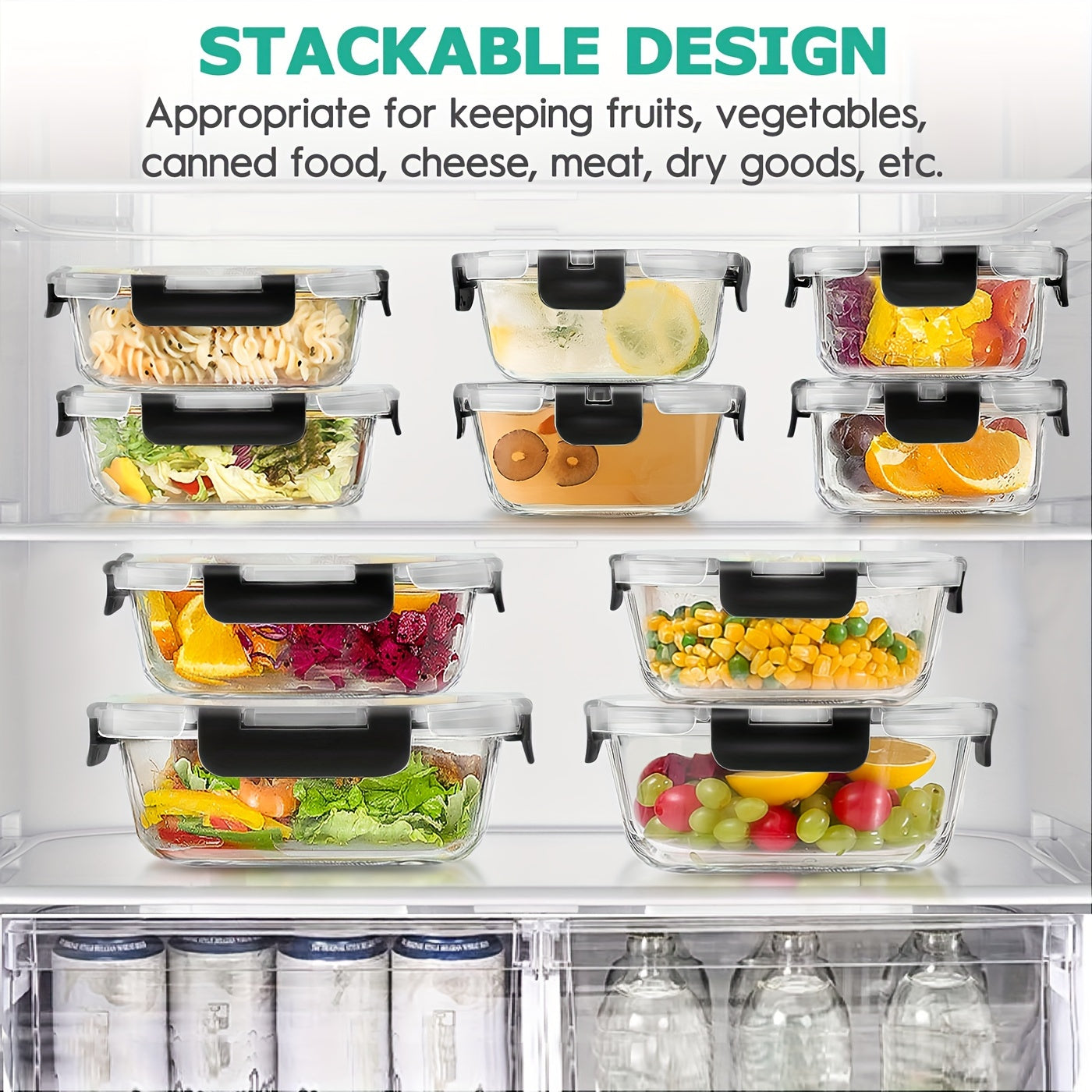 34-piece set of glass food storage containers with lids, airtight glass meal prep containers (17 containers and 17 lids), leak-proof lunch containers BPA-free, microwave, oven, freezer, dishwasher safe, black