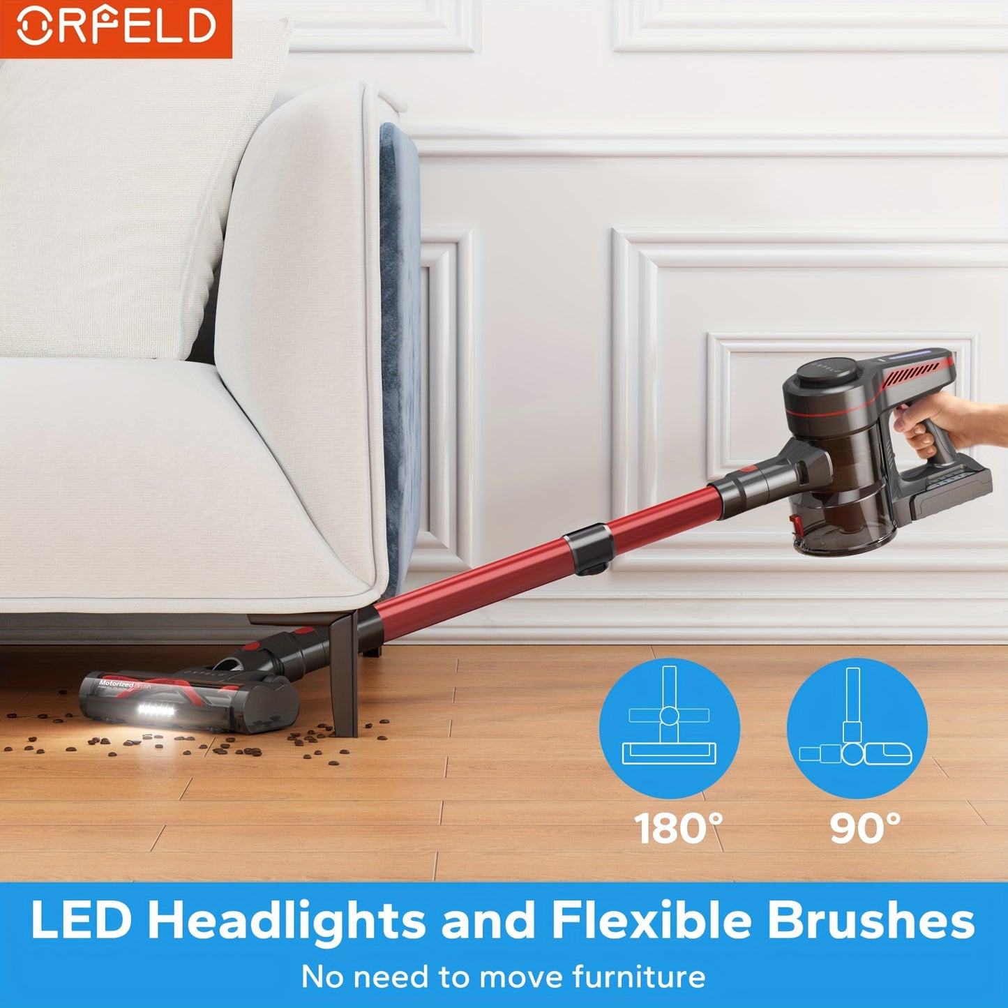 ORFELD Cordless Vacuum Cleaner, Stick Vacuum With 30Kpa Powerful Suction, 45Mins Runtime Rechargeable Vacuum, Anti-tangle And 50.72oz Dust Cup, 6 In 1 Lightweight Vacuum For Hardwood Floor Carpet Pet Hair