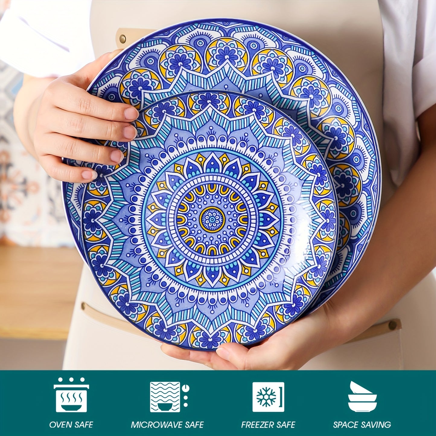 16-Piece Blue Boho Porcelain Dinnerware Set - Stylish Tableware for Home, Kitchen & Restaurant - Durable, Versatile, Serves 4 - Includes Plates, Bowls, & Cups - Microwave & Dishwasher Safe
