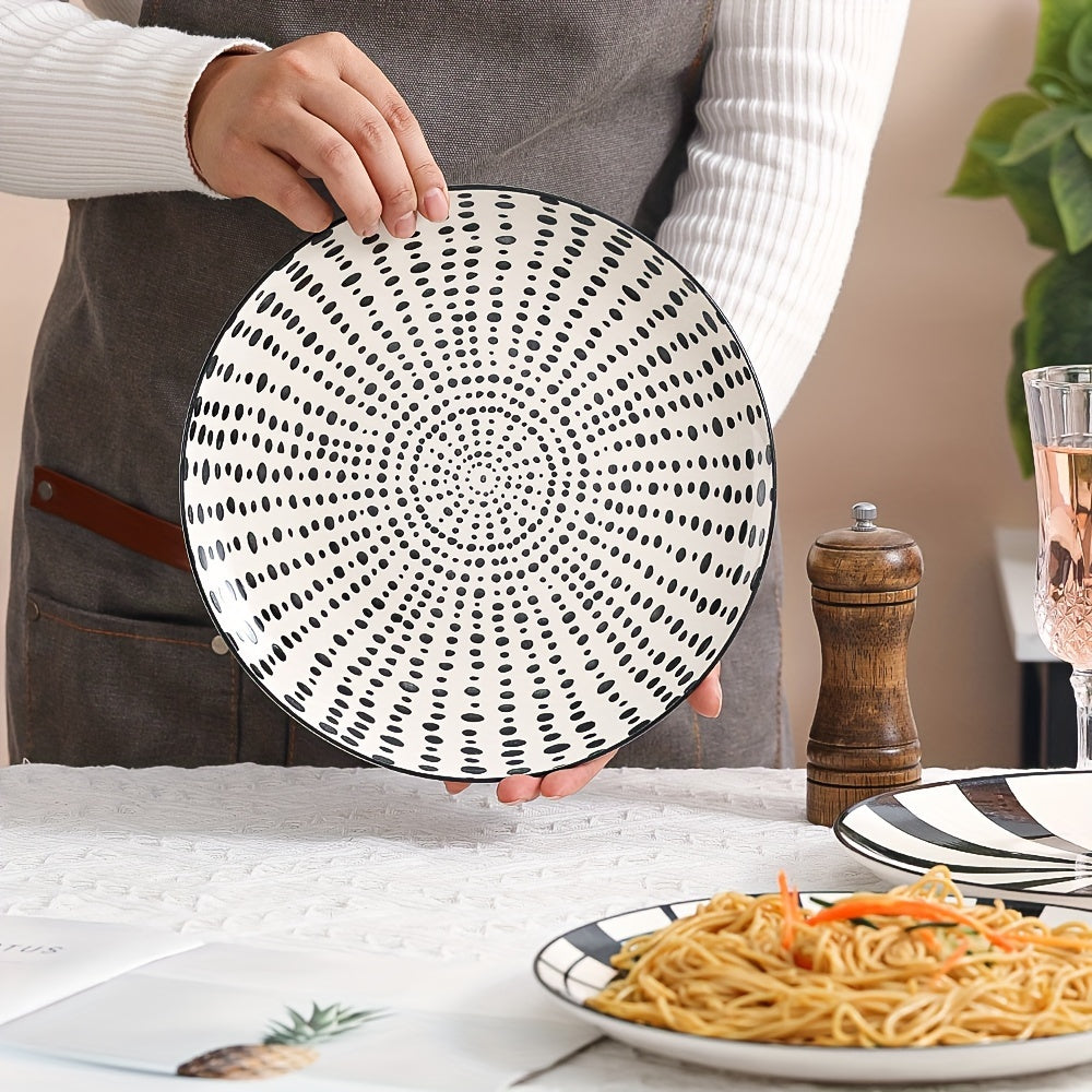 Dinner Plates Ceramic Plate Set - Black Plate Set 8 Inch - 10 Inch Large Porcelain Round Plate Sets Of 6 - Flat Modern Black Pattern Dining Plates For Kitchen | Family - Dishwasher | Microwave | Oven Safe