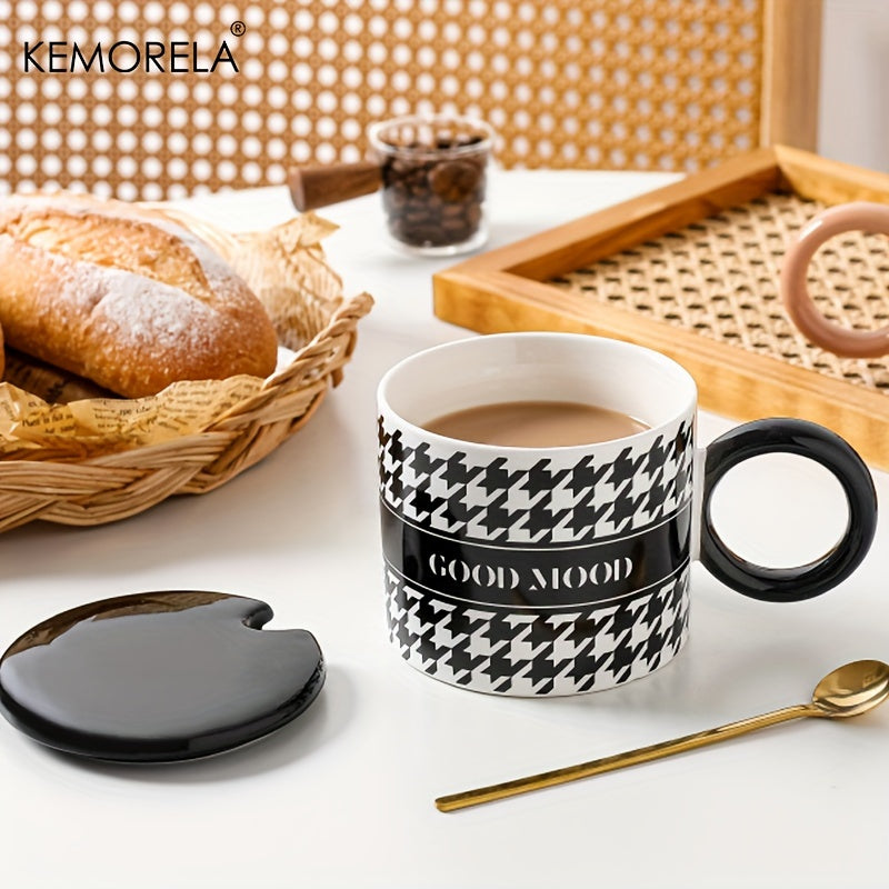 KEMORELA Ceramic Coffee Mugs Set with Lids and Spoons, Houndstooth Pattern Reusable Round Cups, Microwave Safe, Machine Wash, Multipurpose Drinkware, Ideal for Christmas, Halloween, Thanksgiving, Valentine's, Father's Day Gif