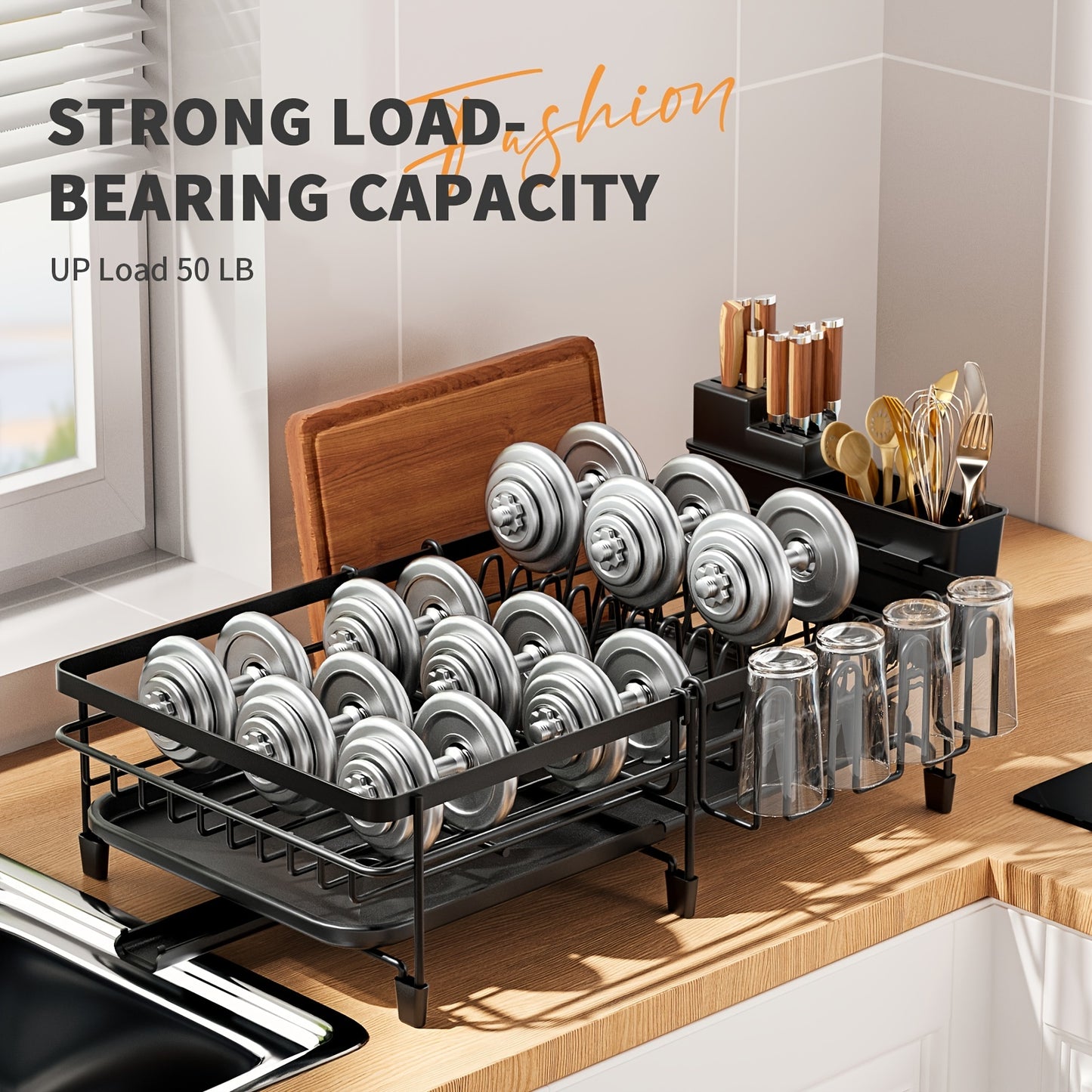 1pc Large Dish Drying Rack, Extendable Dish Rack, Multifunctional Dish Rack For Kitchen Counter, Anti-Rust Drying Dish Rack With Cutlery & Cup Holders, Home Kitchen Accessories