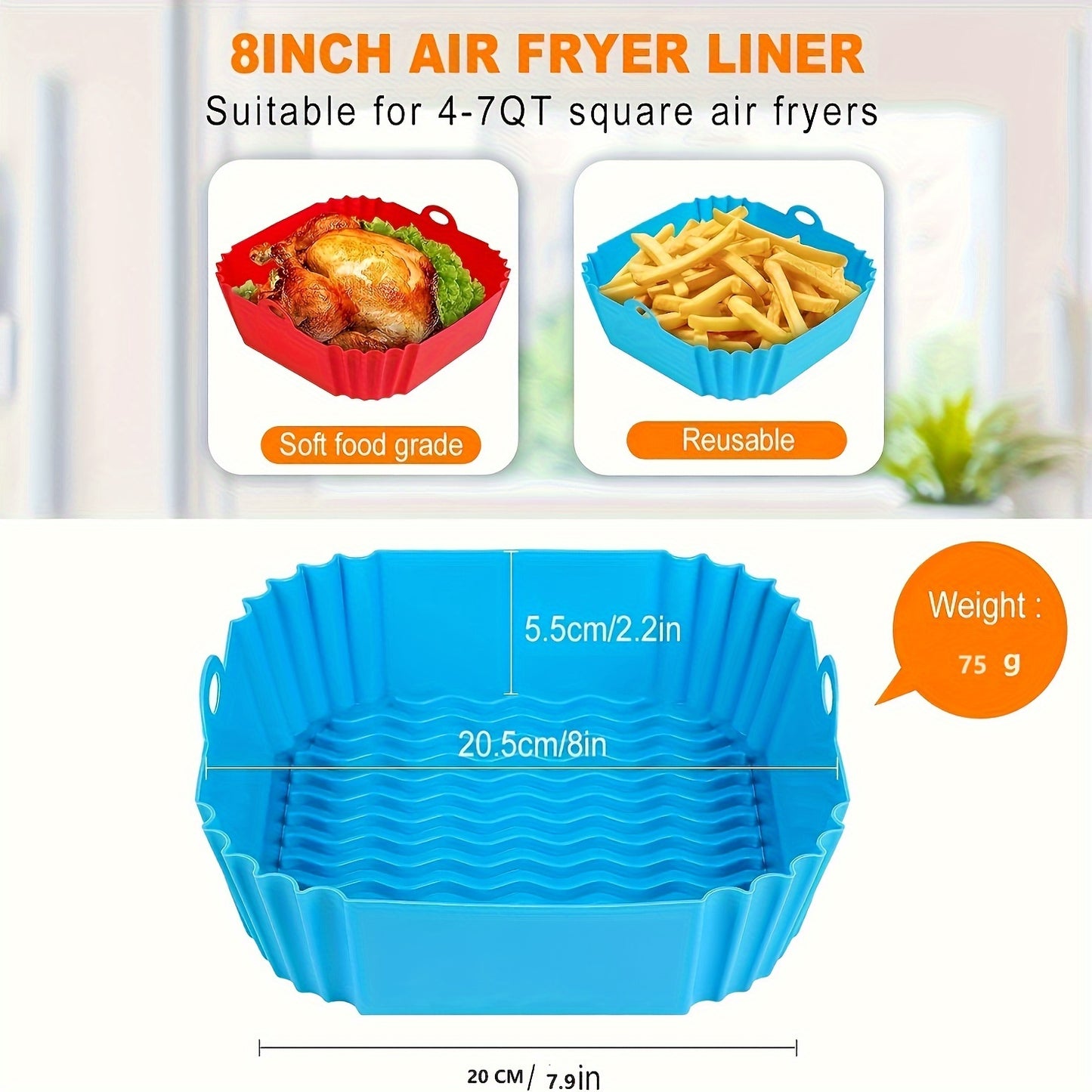 2pcs Square/rotundity Silicone Air Fryer Liner -8 Inches Reusable Air Fryer- Air Fryer Accessories - Air Fryer Insert for 4 to 7 QT Ovens And Microwave Accessories (red+blue)