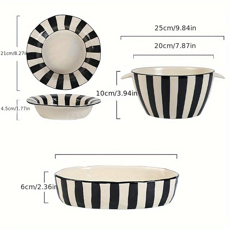 Vintage Black & White Striped Ceramic Dinnerware Set - Deep Plate, Noodle Bowl, Straw Hat Design - Premium Textured Tableware For Home, Kitchen, Salad & Soup Bowls - Microwave Safe