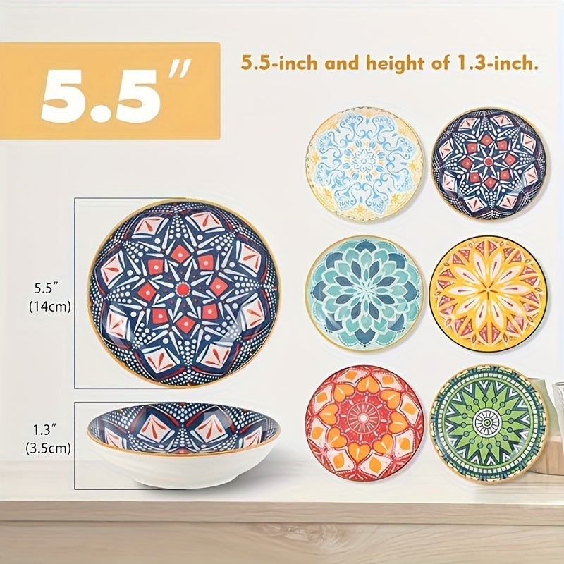 6pcs 5.5in Wide Shallow Cat Food Bowl Set -Ceramic - Colorful Cute Small Flat Kitten Feeding Dish - Microwave And Dishwasher Safe