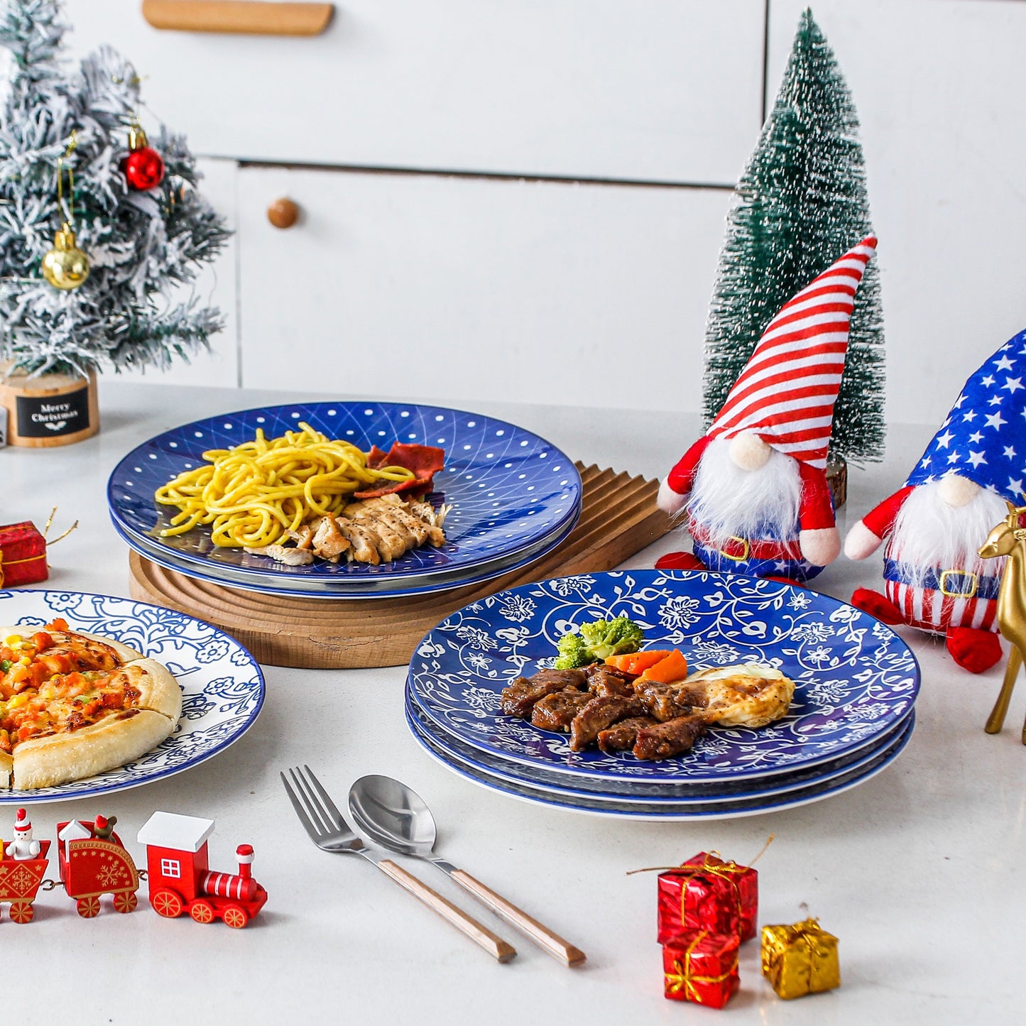 Chinese style ceramic dinnerware 30 pcs set, including 8.5 inches salad plate, 10.5 inches dinner plate, 16 oz coffee mug, 8.3 inches rectangular plate, 24 oz cereal bowl each 6 pcs, microwave oven dishwasher safe, housewarmi