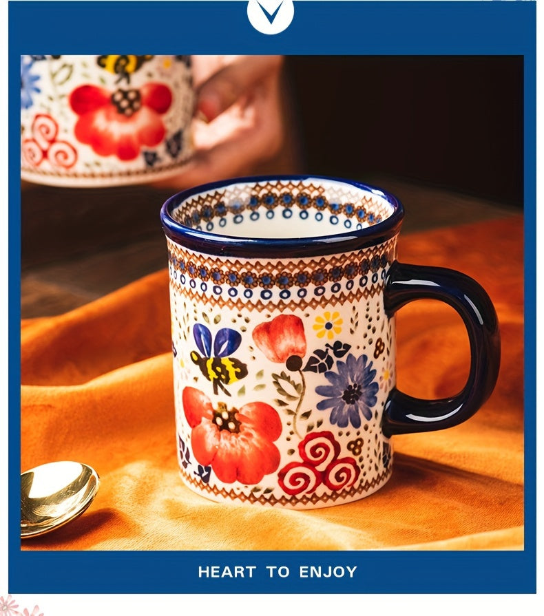 Hand-Painted Floral Ceramic Coffee Mug with Handle - Microwave Safe, Insulated for Hot & Cold Drinks, Perfect for Summer & Winter Beverages, Ideal Gift for Christmas, Weddings, Birthdays, Valentine's Day