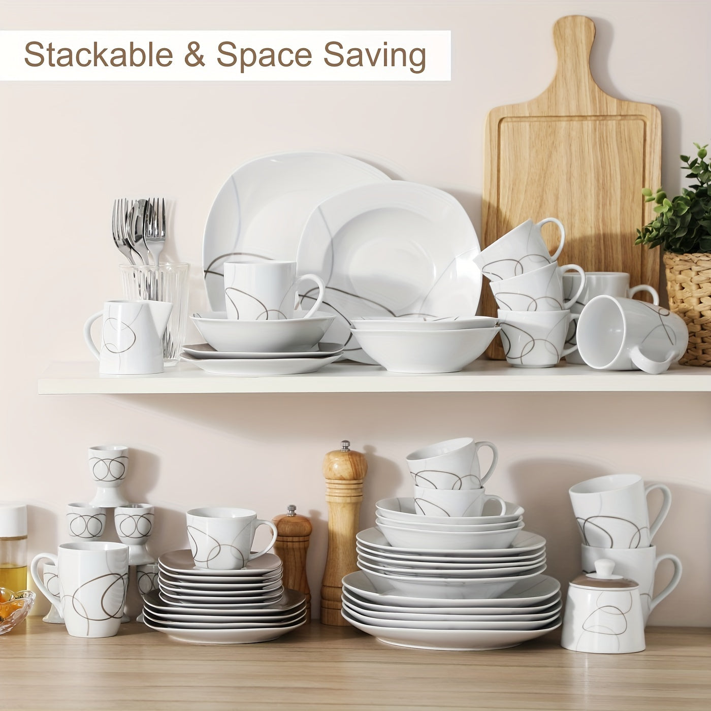 50-Piece Dinnerware Set Service for 6 Plates and Bowls Set Porcelain Tableware Dishes Set Brown Lines Patterns, Including Plates Sets, Bowls, Mugs, Egg Cups, Cup and Saucer Set, Milk Jug and Sugar Pot Set, Microwave and Dishw