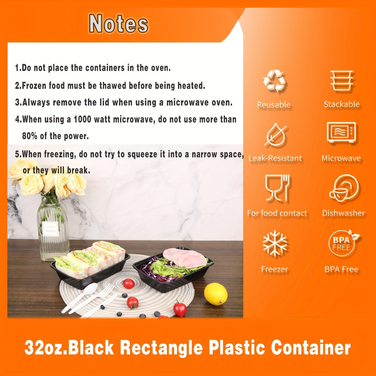 [50Pcs 32oz] Black Rectangular Food Storage Container, Meal Prep Containers with Lids, Disposable Plastic To Go Containers, Bento Box, Stackable, Leak-Proof, BPA-Free, Microwave Safe, Dishwasher Safe, Kitchen Organizers and S