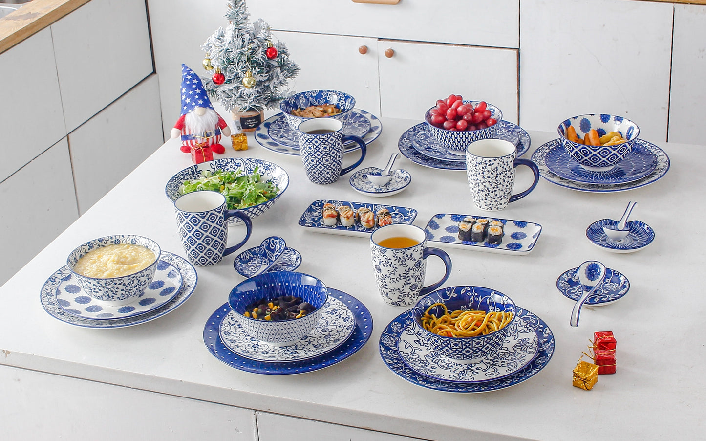 Chinese style ceramic dinnerware 30 pcs set, including 8.5 inches salad plate, 10.5 inches dinner plate, 16 oz coffee mug, 8.3 inches rectangular plate, 24 oz cereal bowl each 6 pcs, microwave oven dishwasher safe, housewarmi