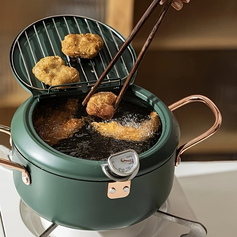 1pc Large Green Tempura Deep Fryer Pan - Non-Stick Carbon Steel with Fahrenheit Thermometer for Perfect Tempura, Chicken, Fish, Shrimp - Easy Cleaning, Durable, Space-Saving Design for Home Kitchen