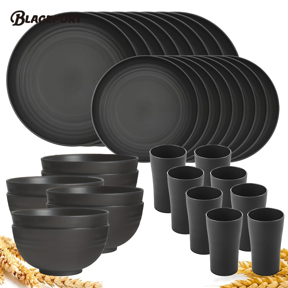 32Pcs Wheat Straw Dinnerware Sets, Lightweight Plates and Bowls Set, Plastic Reusable Plates, Microwave Dishwasher Safe, Reusable Dinnerware, Black Set 8 Dinner Plates, 8 Dessert Plate, 8 Cereal Bowls, 8 Cups.