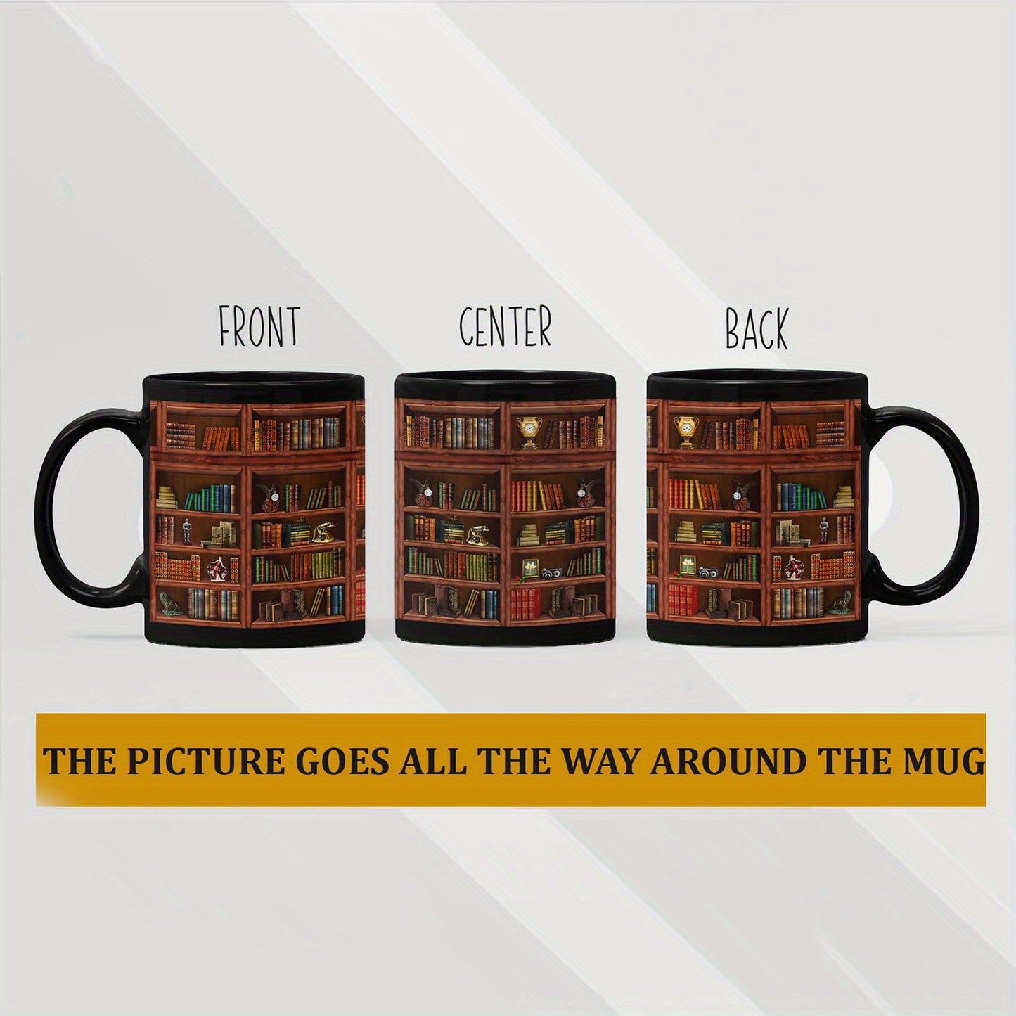 1pc, Bookworm's Delight Mug - Library Bookshelf Coffee Mug for Book Lovers - 11oz/15oz, Black, Ceramic, Dishwasher and Microwave Safe, Unique Bookish Gifts for Readers and Librarians