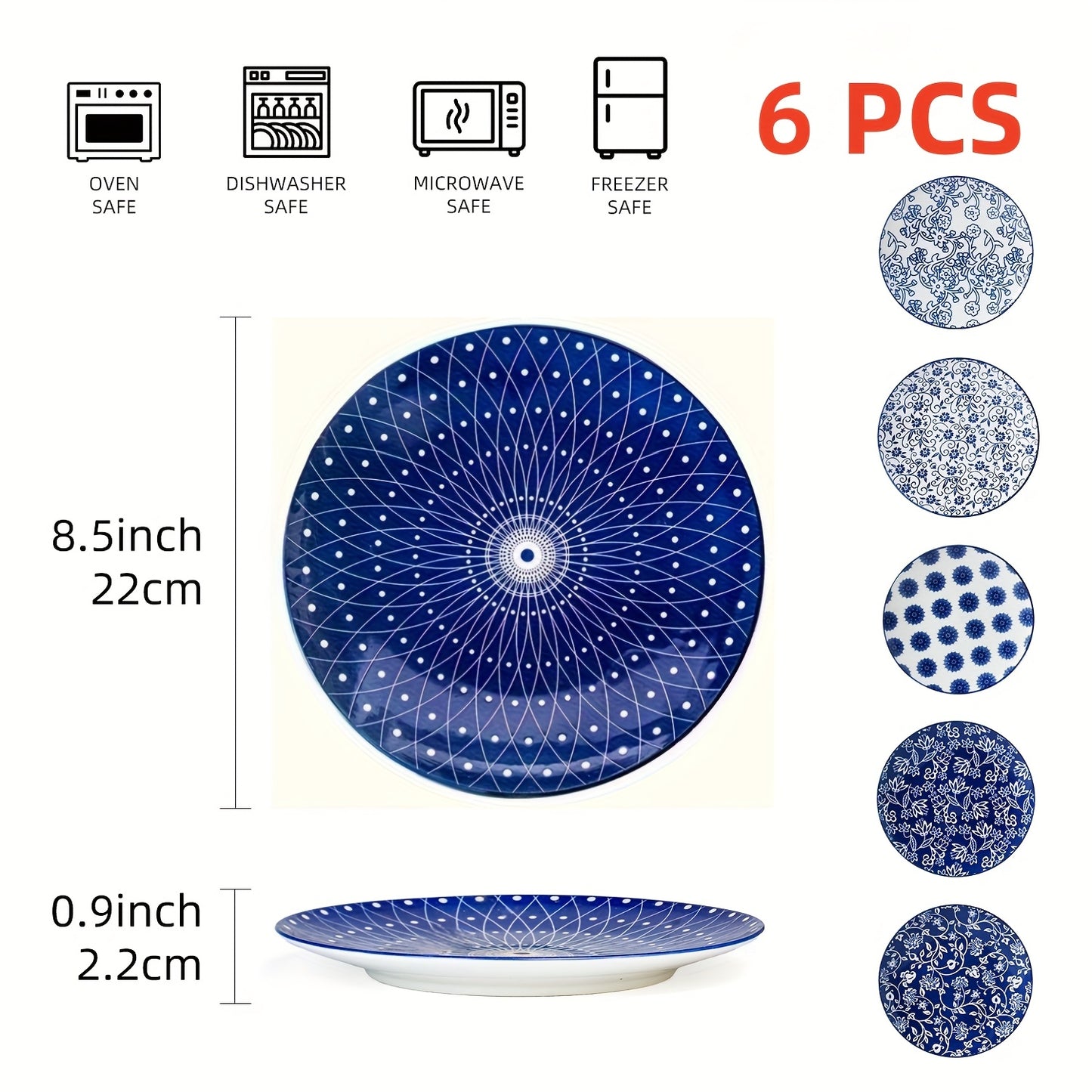 10.5 Inch Ceramic Dinner Plate 6pcs Set Set, Large Kitchen Ceramic Salad Tableware for Steak, Pancakes, Pizza, Pasta, Scratch Resistant, Microwave Oven Dishwasher Safe, Birthday New Year Couple Gift