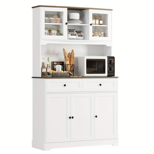 FULTRU Kitchen Pantry Storage Cabinet, Freestanding Hutch Cabinet with Buffet Cupboard, Utility Pantry with Microwave Stand, Tall Kitchen Cabinets with Adjustable Shelves for Kitchen