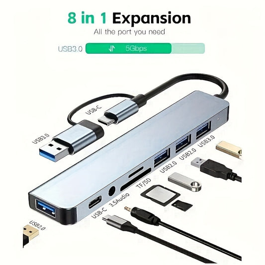 USB Hub USB C Hub U Disk 8-in-1 USB Extender with 4 USB Ports 1 USB C Port TF/SD Card Reader Audio Output Compatible with Book/Pad Pro/Dell/HP Laptops/Mobile Phones