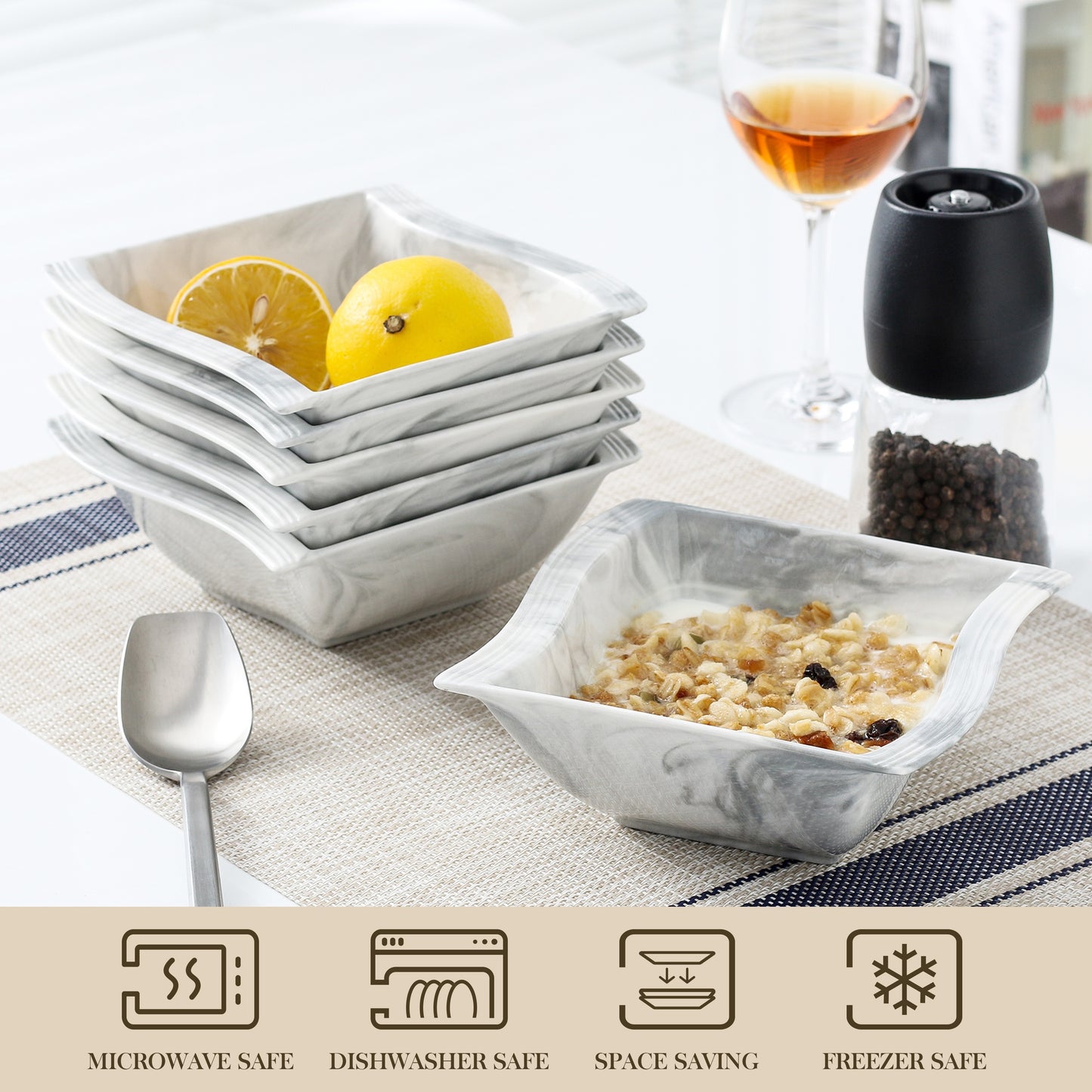 6 Piece Square Shaped Porcelain Cereal Bowl Set - Microwave Safe, Durable, and Easy to Clean - Vancasso Brand, Perfect for Soup, Salad, and Everyday Meals