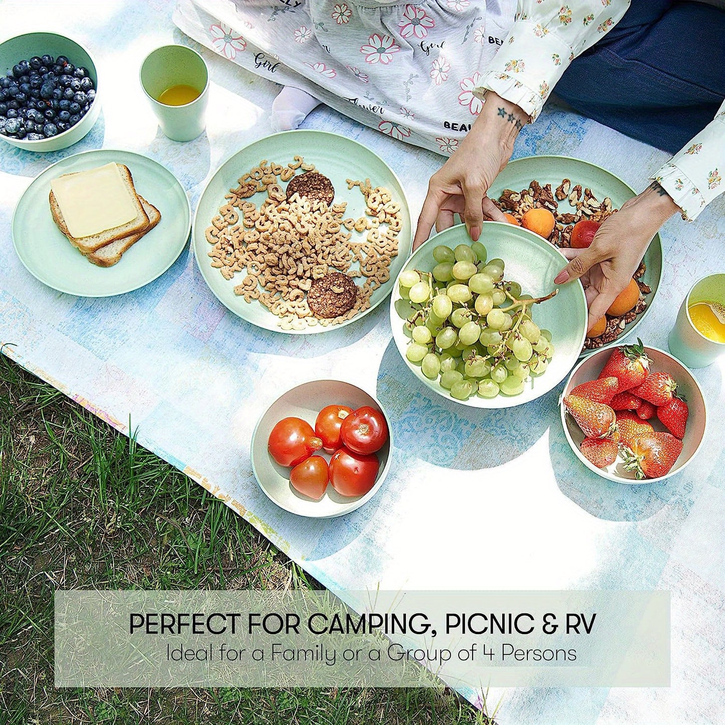 16pcs Unbreakable Wheat Straw Dinnerware Sets, Lightweight Plates Cups And Bowls Sets, Dishwasher Microwave Safe, For RV Outdoor Camping