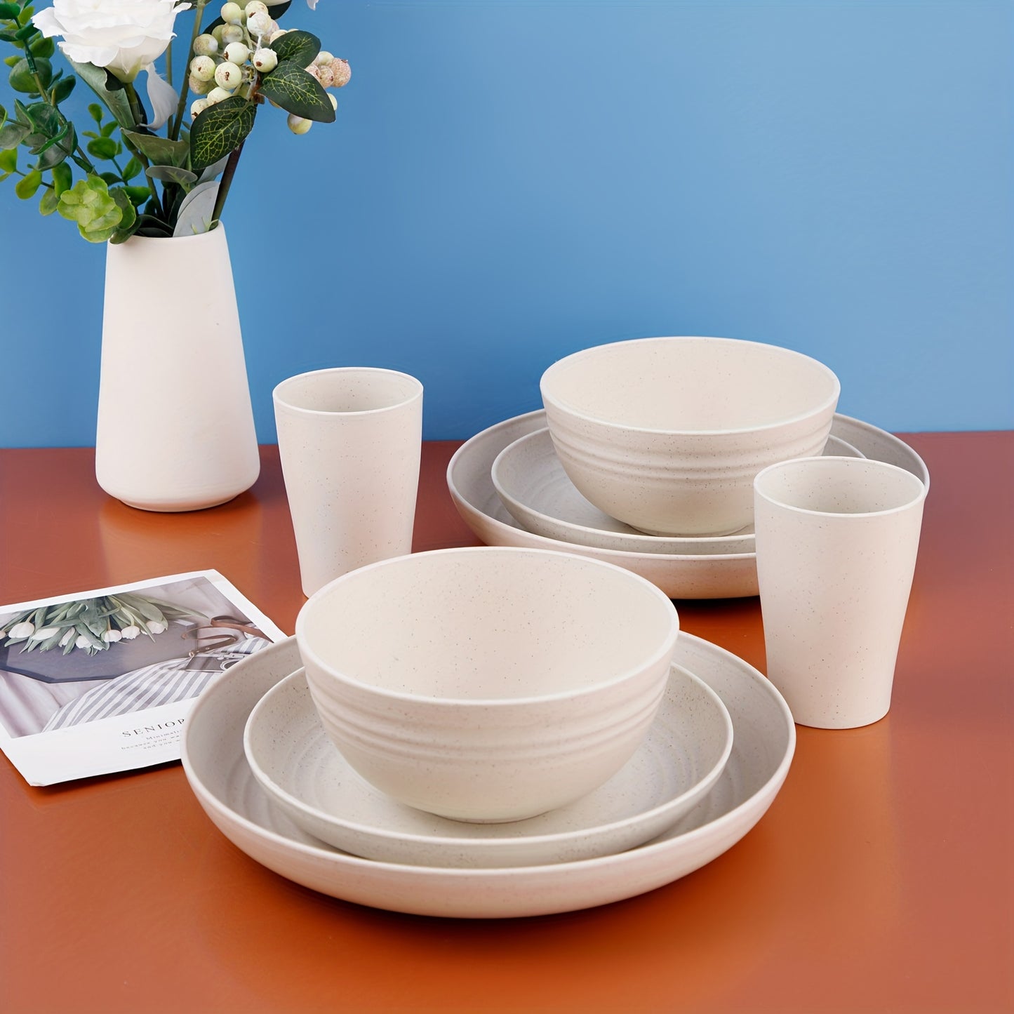 32pcs Vibrant Wheat Straw Round Dinnerware Set - Microwave & Dishwasher Safe, Unbreakable, Lightweight, Reusable - Perfect for 4th of July, Christmas, Halloween, Thanksgiving Celebrations with Family and Friends