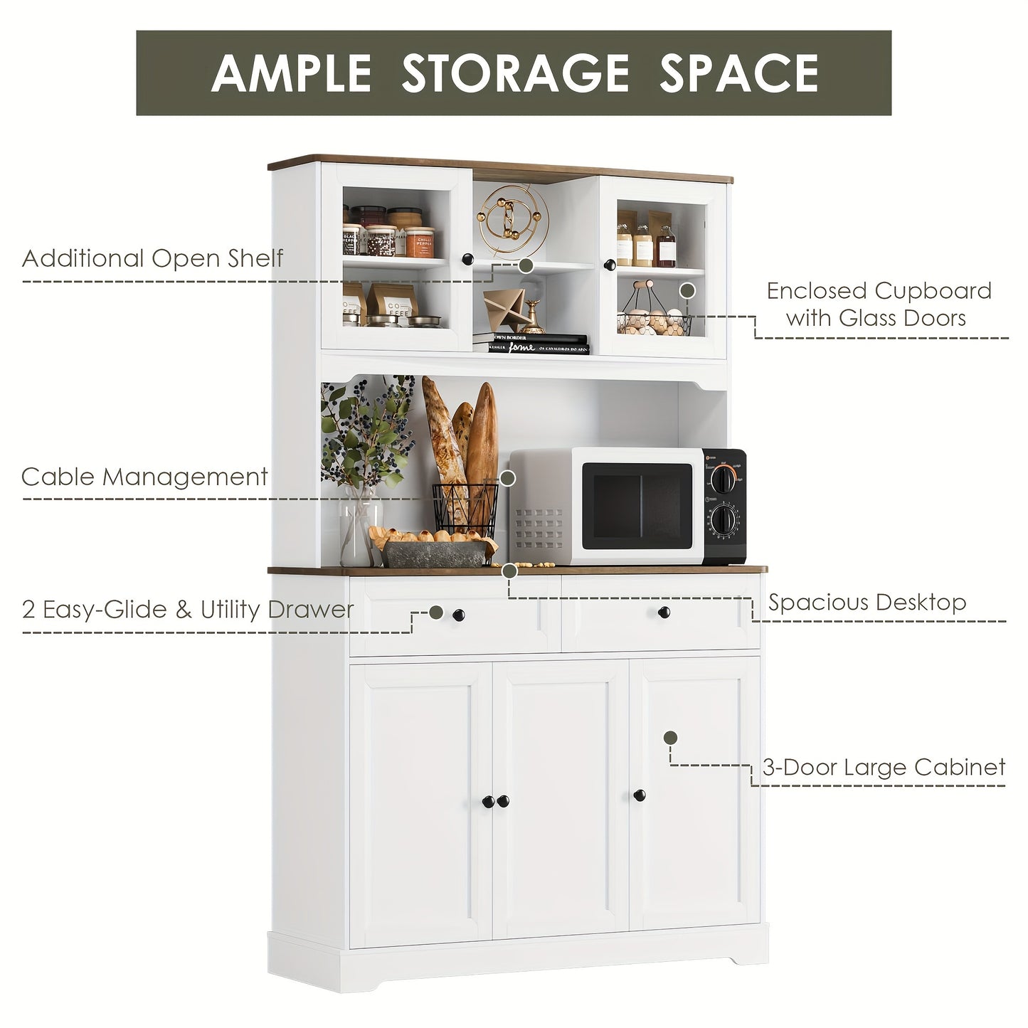 FULTRU Kitchen Pantry Storage Cabinet, Freestanding Hutch Cabinet with Buffet Cupboard, Utility Pantry with Microwave Stand, Tall Kitchen Cabinets with Adjustable Shelves for Kitchen
