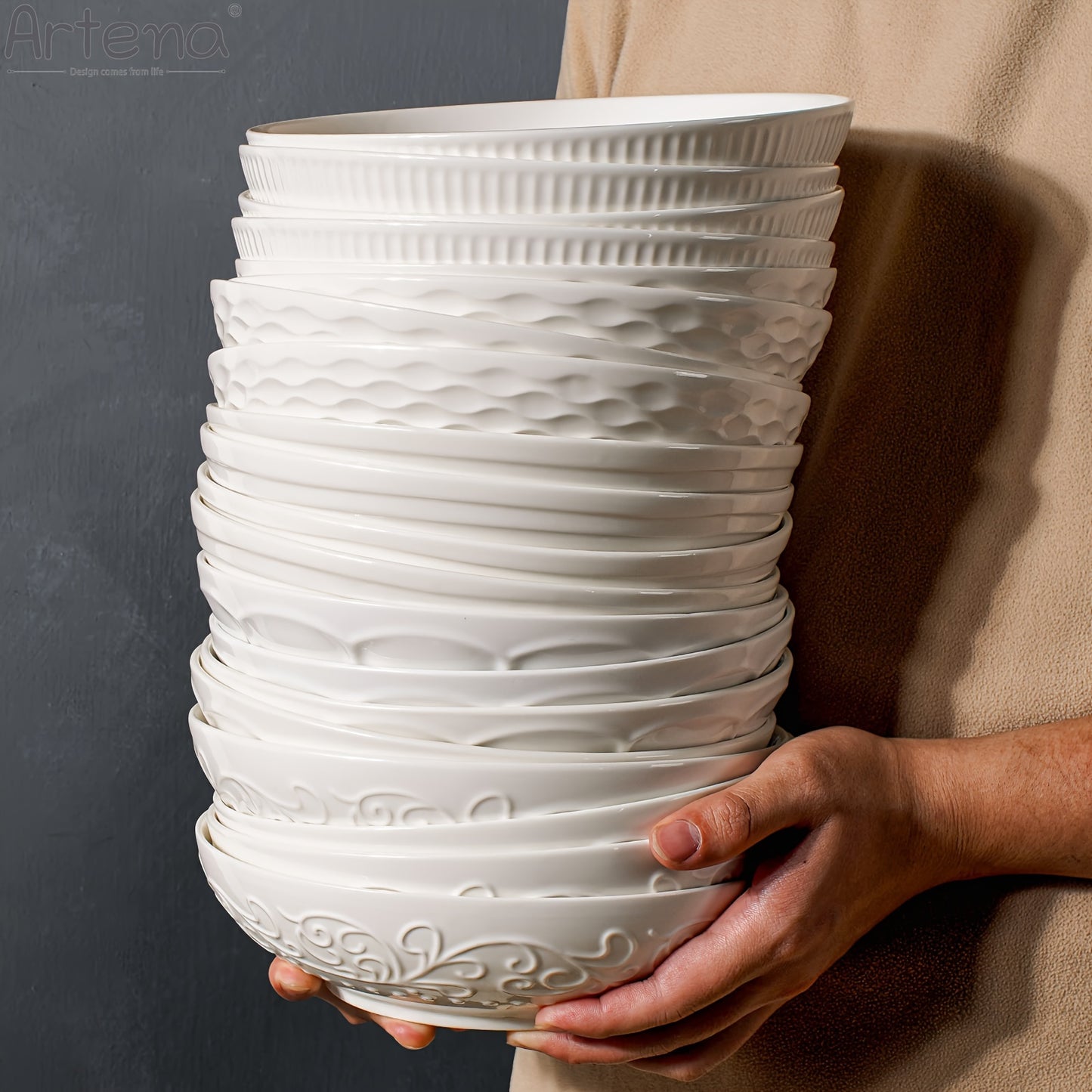 Large Ceramic 4pcs Artena Pasta Bowls - 32oz/35oz, 7.9''/8'' Embossed Soup Bowls - White Serving Bowls for Entertaining, Microwave Dishwasher Oven Safe