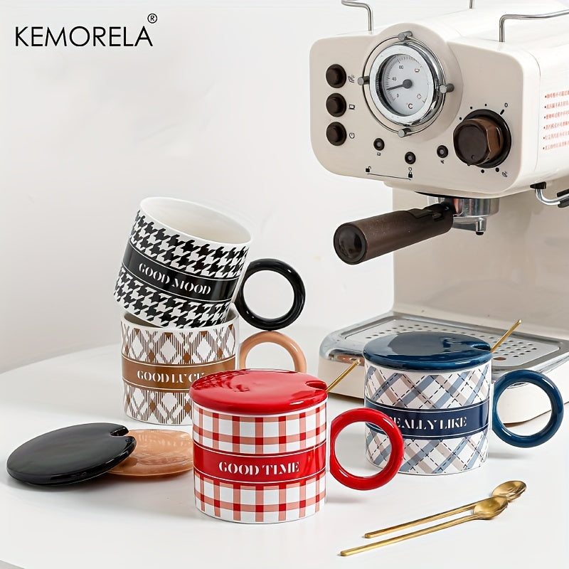 KEMORELA Ceramic Coffee Mugs Set with Lids and Spoons, Houndstooth Pattern Reusable Round Cups, Microwave Safe, Machine Wash, Multipurpose Drinkware, Ideal for Christmas, Halloween, Thanksgiving, Valentine's, Father's Day Gif