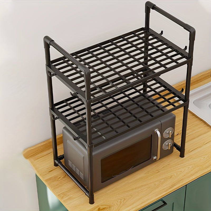 8-Hook Expandable Double-Layer Microwave Stove Rack - Multifunctional Kitchen Storage Organizer for Countertops and Cabinets - Space-Saving Plastic Rack with Adjustable Design for Kitchen Utensils and Accessories
