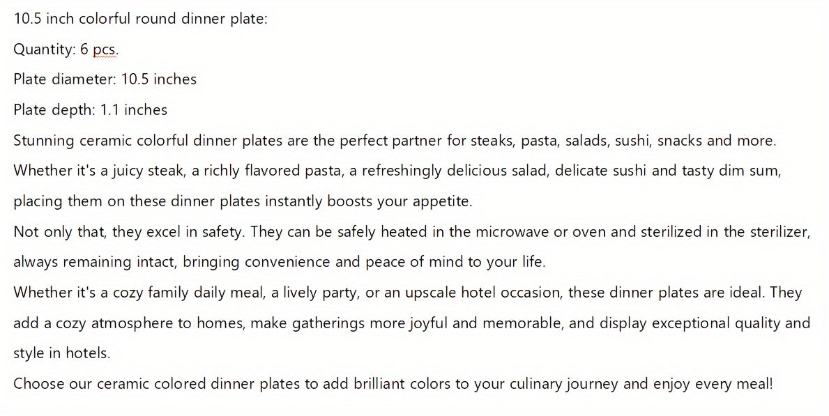 10.5 Inch Ceramic Dinner Plate 6pcs Set Set, Large Kitchen Ceramic Salad Tableware for Steak, Pancakes, Pizza, Pasta, Scratch Resistant, Microwave Oven Dishwasher Safe, Birthday New Year Couple Gift