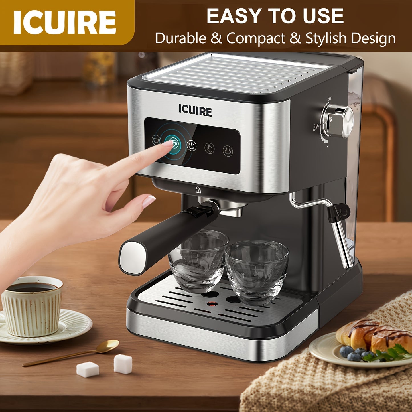 ICUIRE Espresso Machine with Milk Frother, Free milk bubble cup, 20 Bar Pump Pressure Coffee Machine, 1.5L/50oz Removable Water Tank, 1050W Semi-Automatic Espresso/Latte/Cappuccino Machines for Home Barista, Office, kitchen A