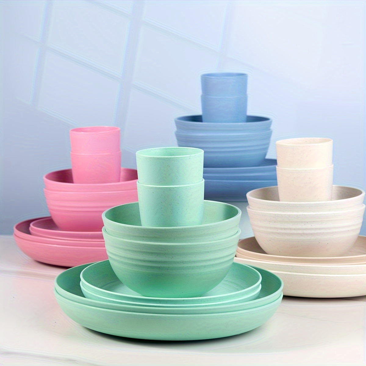 32pcs Vibrant Wheat Straw Round Dinnerware Set - Microwave & Dishwasher Safe, Unbreakable, Lightweight, Reusable - Perfect for 4th of July, Christmas, Halloween, Thanksgiving Celebrations with Family and Friends