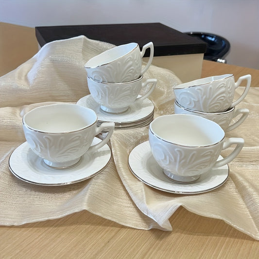 Luxury Floral Embossed Golden-Trimmed Tea Set - 6 Ceramic Cups & Saucers, Microwave Safe, Perfect for Afternoon Tea, Desserts & Gifts