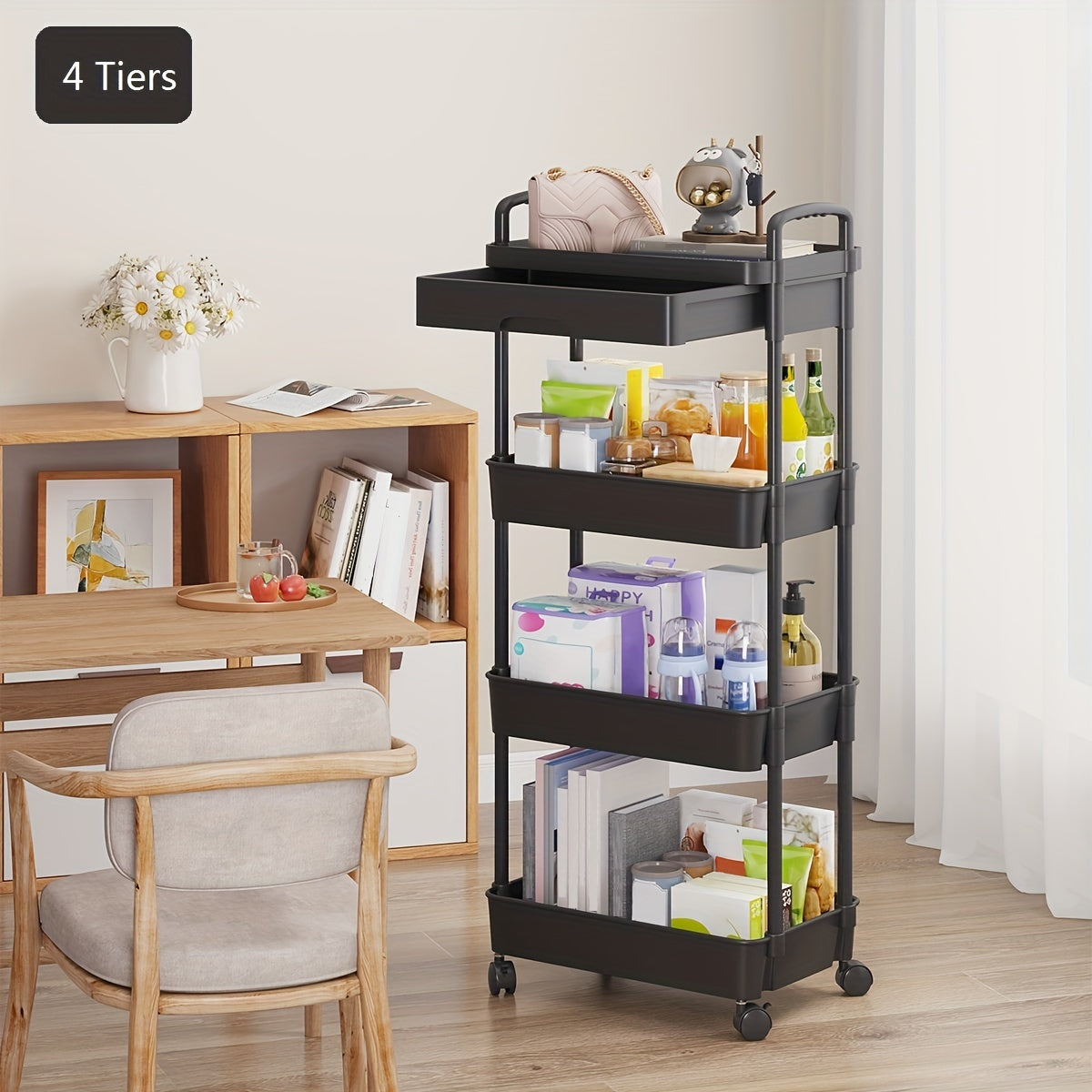 Multi-Tier Storage Trolley - Space-Saving Floor-to-Ceiling Design, Smooth Mobility, and Versatile Use in Kitchen, Bathroom, Bedroom, and Living Room for Displaying Snacks and Essentials