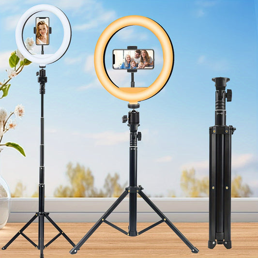 ZOMEI 10 Inch LED Ring Light with Adjustable 53.2 Inch Tripod Stand - 3 Color Modes, 10-Level Brightness, Uncharged, for Video Recording, Live Streaming, Photography, Compatible with Mobile Phones