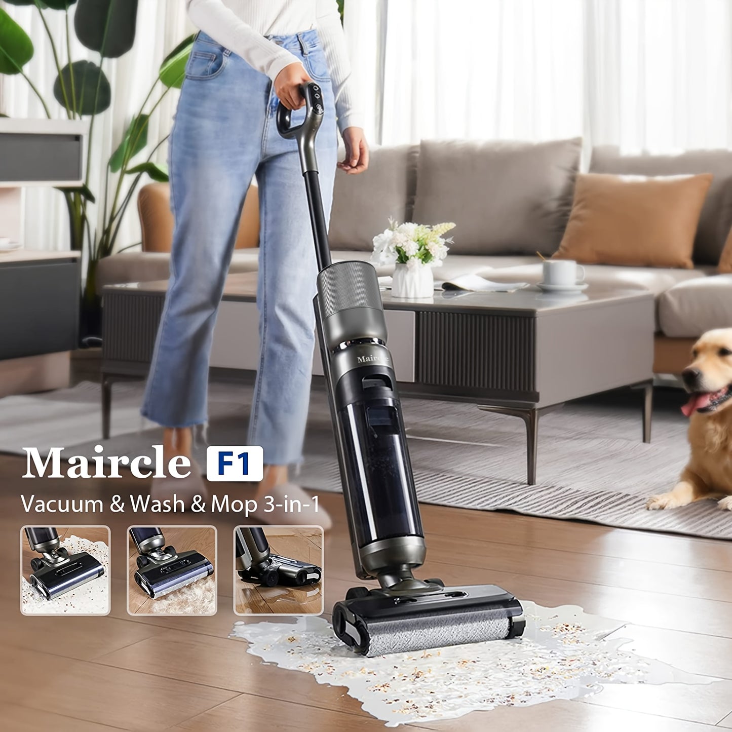Maircle F1 Cordless Wet Dry Vacuum Cleaner, Lightweight Cordless Floor Washer With Voice Assistance, LED Screen Multi-Surface Vacuum Mop All In One With Self-Cleaning For Hardwood Floors