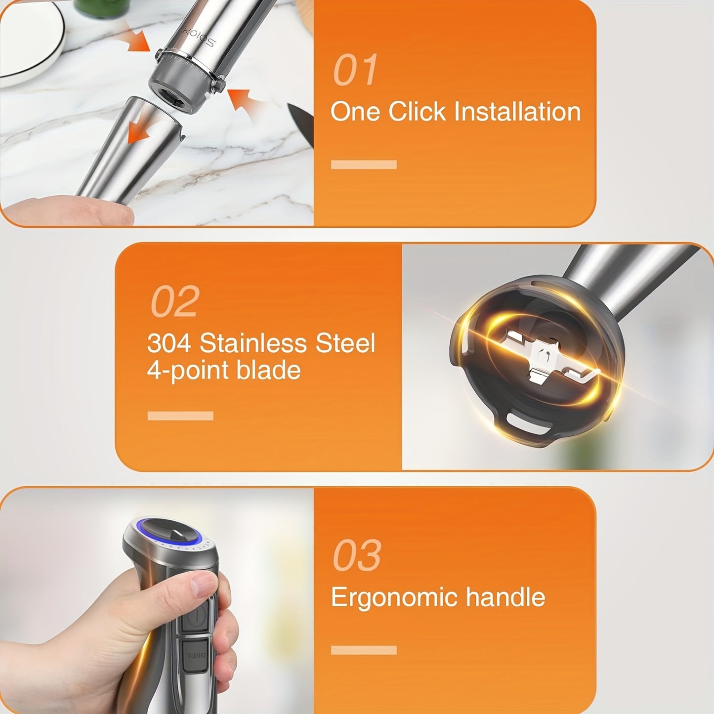 KOIOS Immersion Hand Blender, Stainless Steel Stick Blender with 12-Speed & Turbo Mode 1100W Motor, 5-in-1 Handheld Blender with 600ml Mixing Beaker with Lid, 500ml Chopper, Whisk, Milk Frother