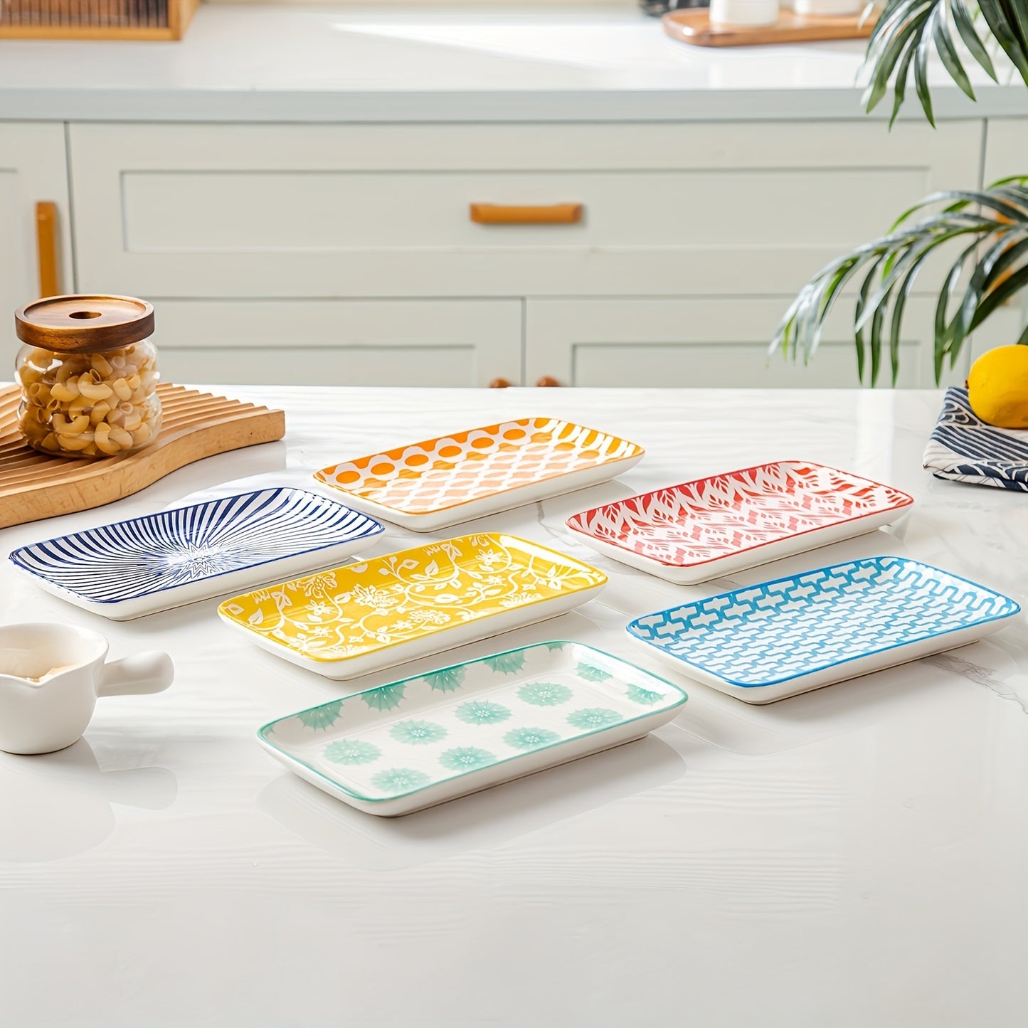 6pcs, Cerkik Rectangle Serving Plates Set, 8 Inch, Rectangular Ceramic Dinner Appetizer Dishes, Porcelain Platter For Sushi, Salad, Dessert, Pasta, Oven Microwave Dishwasher Safe, Valentine'S Day, Christmas, Weddings, Vintage