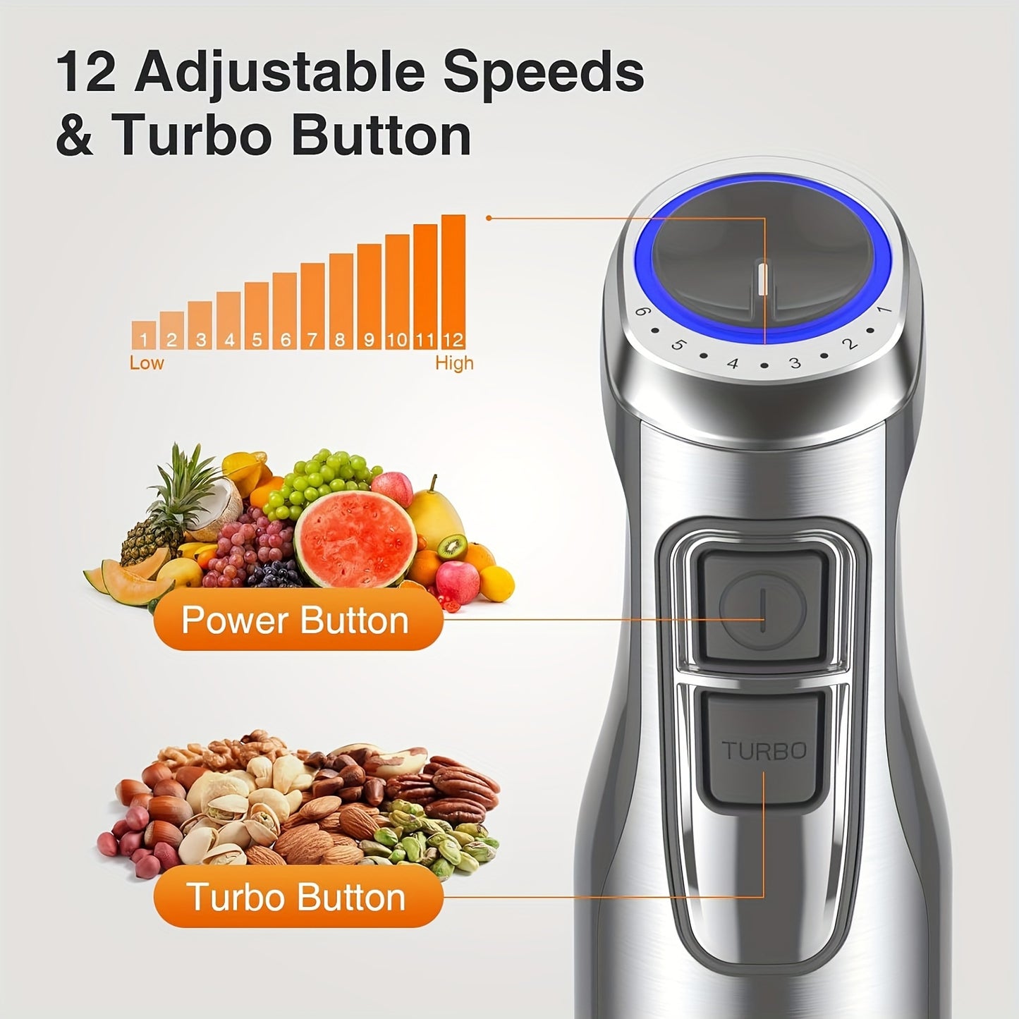 KOIOS Immersion Hand Blender, Stainless Steel Stick Blender with 12-Speed & Turbo Mode 1100W Motor, 5-in-1 Handheld Blender with 600ml Mixing Beaker with Lid, 500ml Chopper, Whisk, Milk Frother