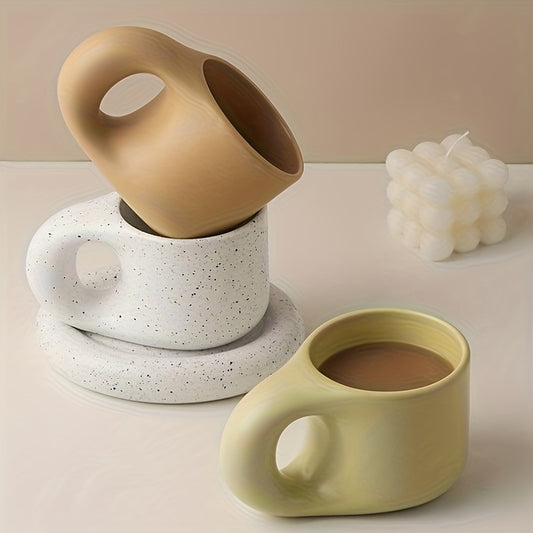 1set Chubby Mug Saucer Set - Creative, Cute, Fat Handle, 10 Oz, Dishwasher and Microwave Safe, Perfect for Latte, Tea, Milk, Halloween Gift, Birthday Gift, Aesthetic Room Decor, Art Supplies, Summer and Winter Drinkware