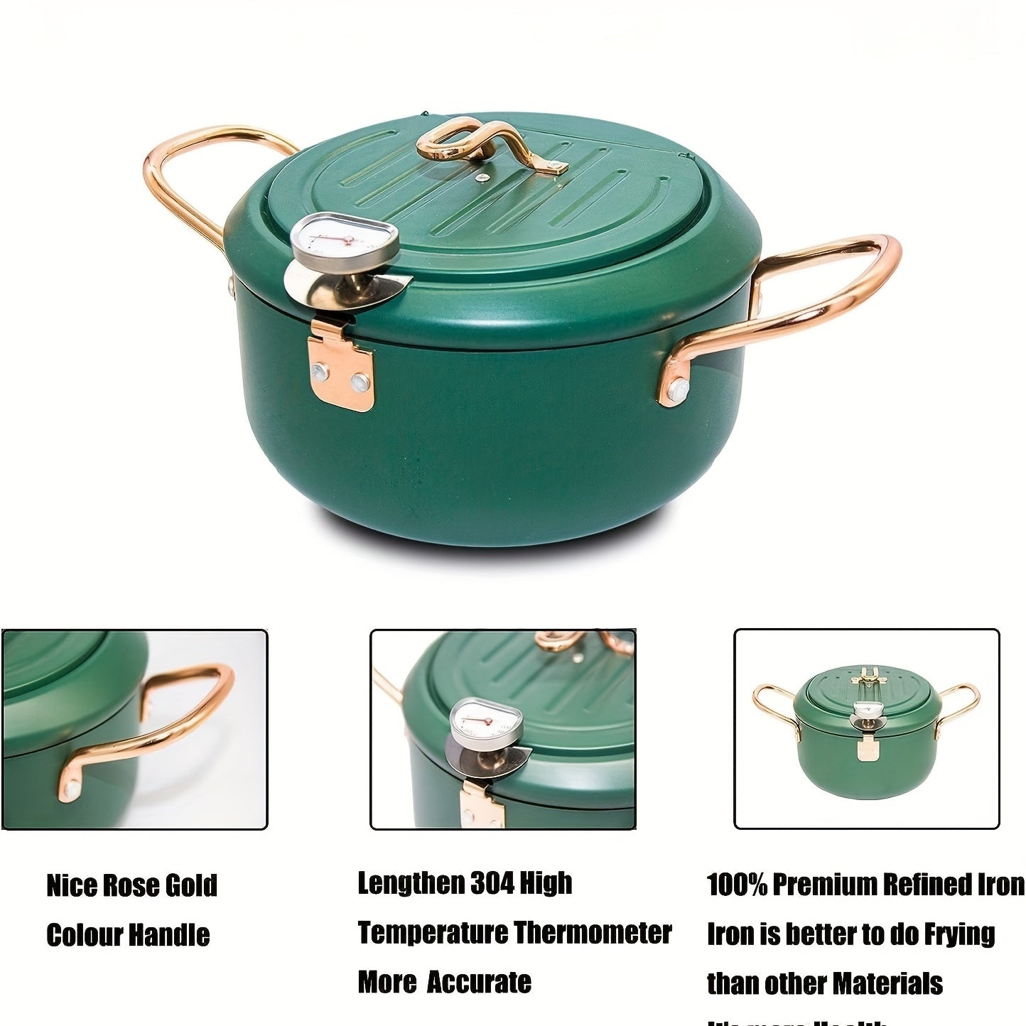 1pc Large Green Tempura Deep Fryer Pan - Non-Stick Carbon Steel with Fahrenheit Thermometer for Perfect Tempura, Chicken, Fish, Shrimp - Easy Cleaning, Durable, Space-Saving Design for Home Kitchen