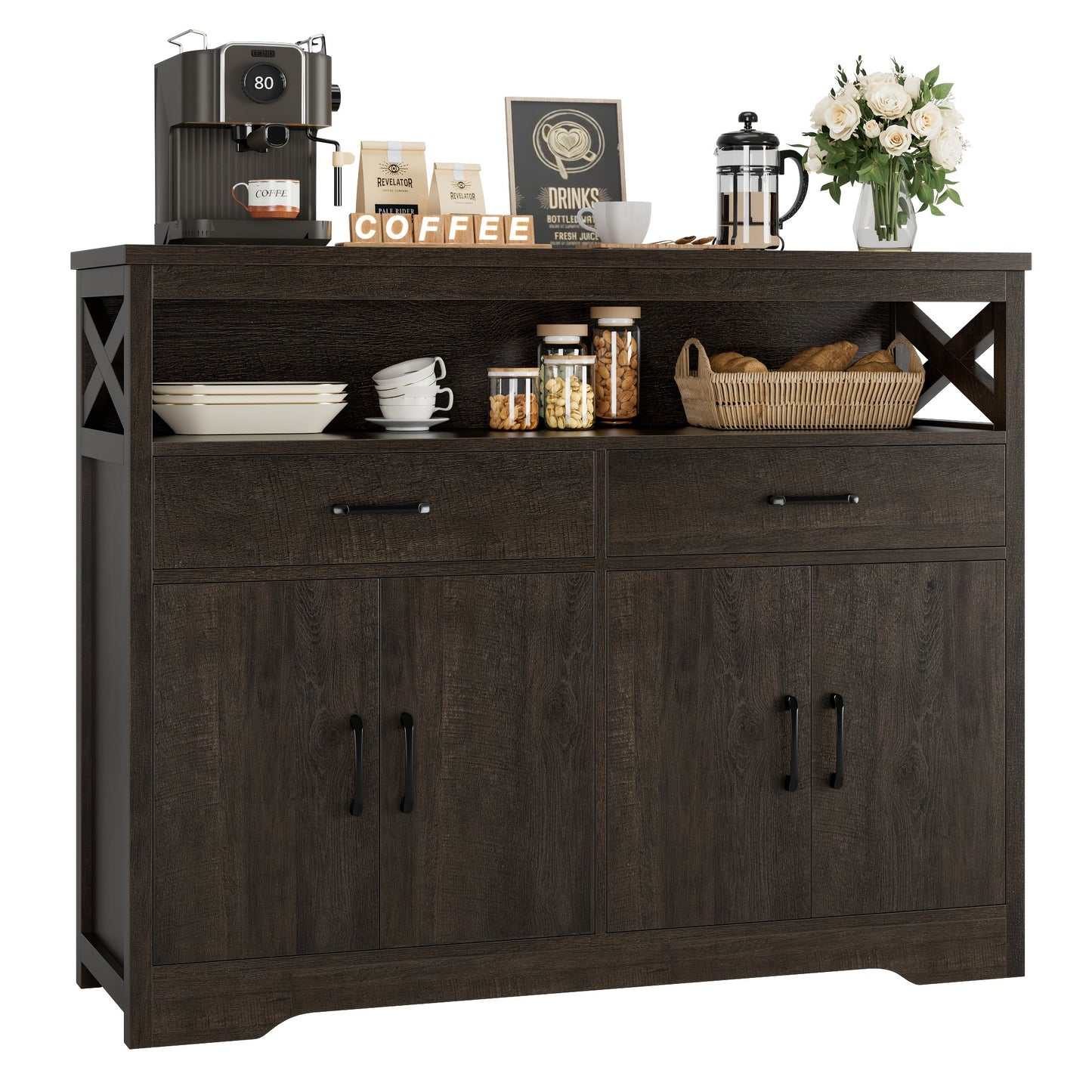 FULTRU 47" Modern Farmhouse Sideboard Buffet Cabinet, Wood Buffet Storage Cabinet with Drawers & Shelves, Large Coffee Bar Cabinet with Storage, Microwave Stand for Kitchen, Dining Room, Dark Brown, White + Rustic Brown, Whit