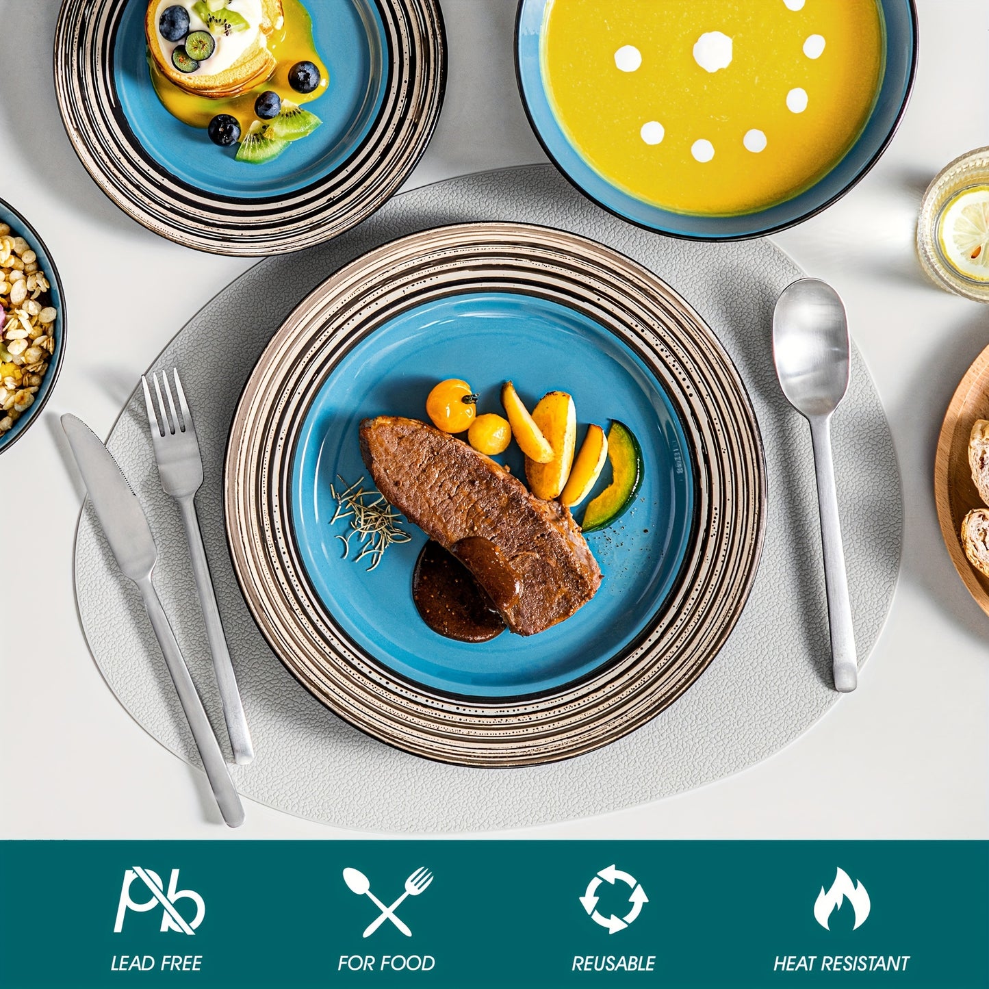 16-Piece Vancasso Round Stoneware Dinnerware Set - Durable Bark Glaze Plate Set with Service for 4, Scratch-Resistant, Dishwasher and Microwave Safe