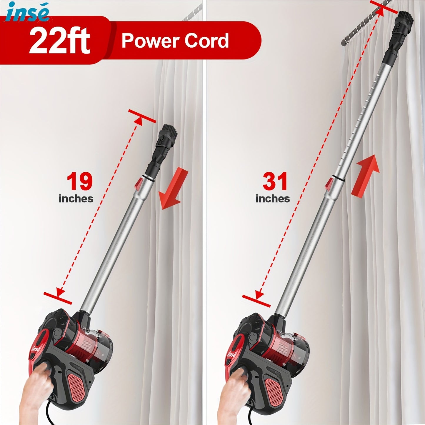 INSE Corded Stick Vacuum Cleaner - 600W Powerhouse with 18000Pa Super Suction - Pet Hair Eraser & Hard Floor Whisper Clean