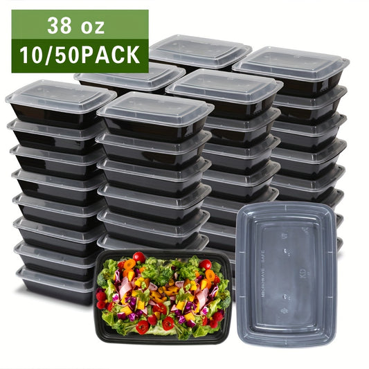 50pcs 38oz Black Rectangular Food Storage Container, Meal Prep Containers with Lids, Disposable Plastic To Go Containers, Bento Box, Stackable, Leak-Proof, BPA-Free, Microwave Safe, Dishwasher Safe, Kitchen Organizers and Sto