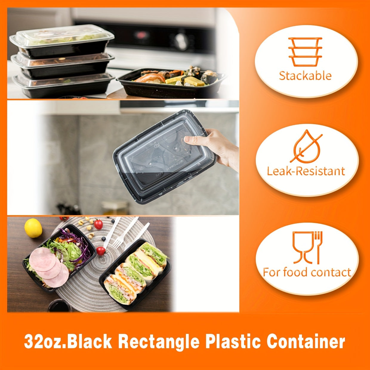 [50Pcs 32oz] Black Rectangular Food Storage Container, Meal Prep Containers with Lids, Disposable Plastic To Go Containers, Bento Box, Stackable, Leak-Proof, BPA-Free, Microwave Safe, Dishwasher Safe, Kitchen Organizers and S