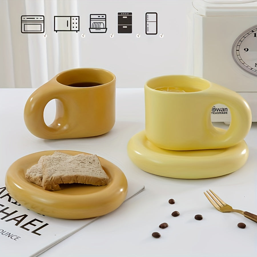 1set Chubby Mug Saucer Set - Creative, Cute, Fat Handle, 10 Oz, Dishwasher and Microwave Safe, Perfect for Latte, Tea, Milk, Halloween Gift, Birthday Gift, Aesthetic Room Decor, Art Supplies, Summer and Winter Drinkware