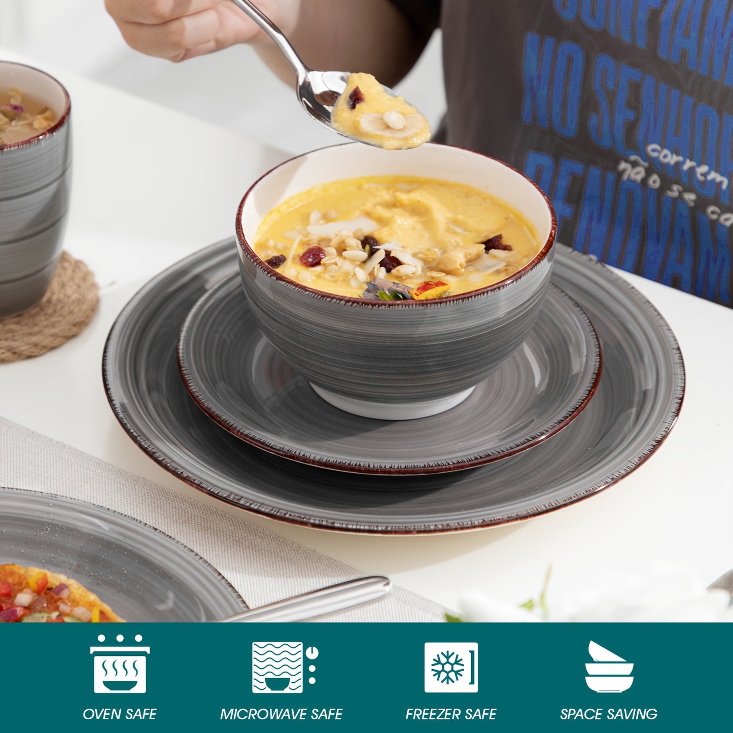 32-Piece Handpainted Stoneware Dinnerware Set - Artisanal Dining Delight for 8, Including Dishes & Plates - Scratch-Resistant, Microwave & Dishwasher Safe