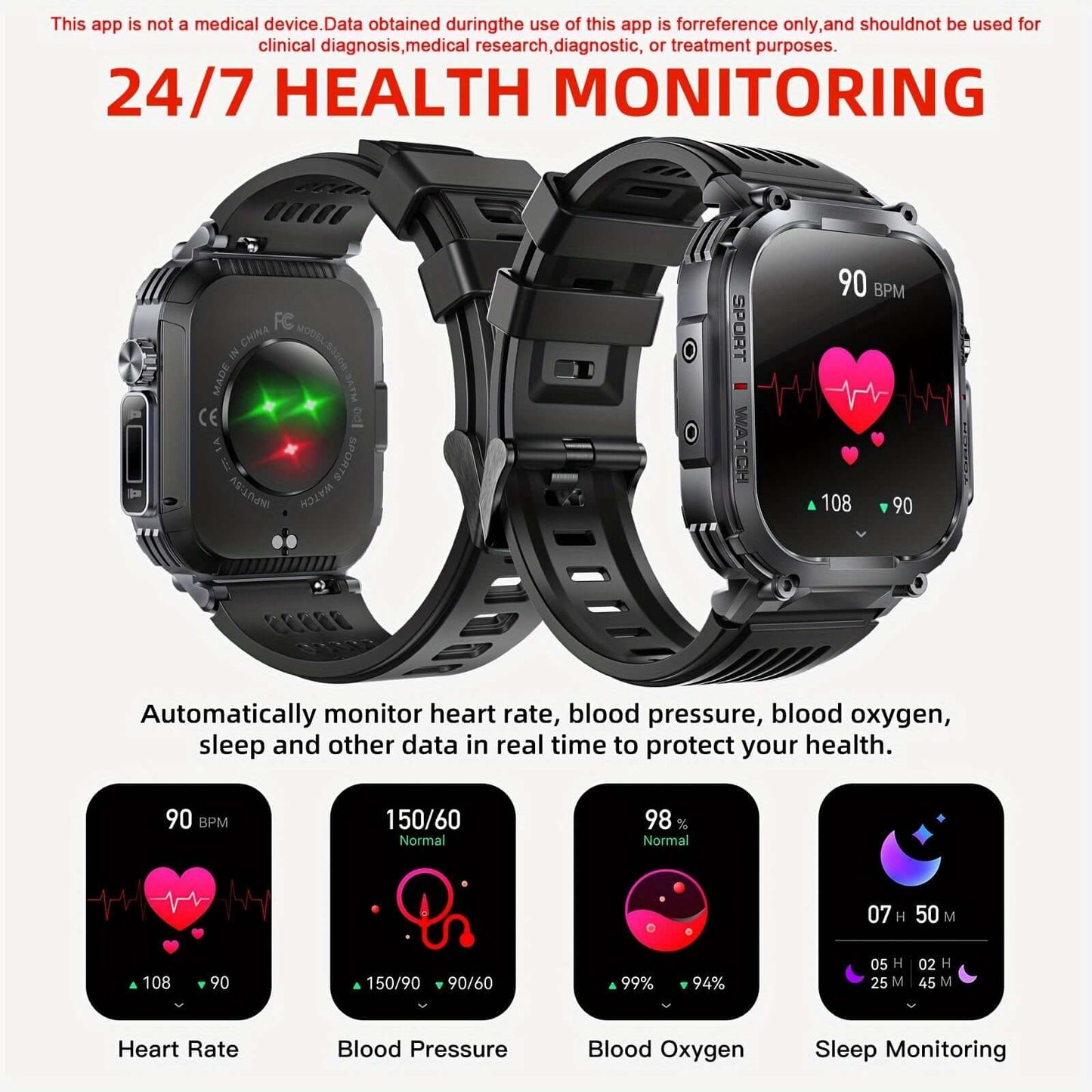 2.02" Smartwatch IP68 Waterproof for Men Women, Answer/Dial Calls Watch with LED Flashlight, Full Touch Screen Compatible with iPhone and Android Phones - Black