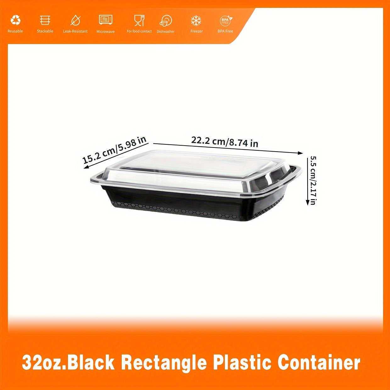 [50Pcs 32oz] Black Rectangular Food Storage Container, Meal Prep Containers with Lids, Disposable Plastic To Go Containers, Bento Box, Stackable, Leak-Proof, BPA-Free, Microwave Safe, Dishwasher Safe, Kitchen Organizers and S